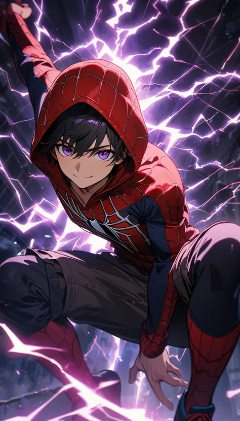 Young boy, short black hair, purple eyes, shorts, smile, SpiderMan hoodie, web, lightning, Masterpiece, best quality, Full HD, 8k, ultra details, great graphic