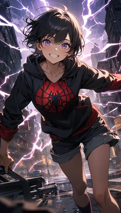 Young boy, short black hair, purple eyes, shorts, smile, SpiderMan hoodie, web, lightning, Masterpiece, best quality, Full HD, 8k, ultra details, great graphic