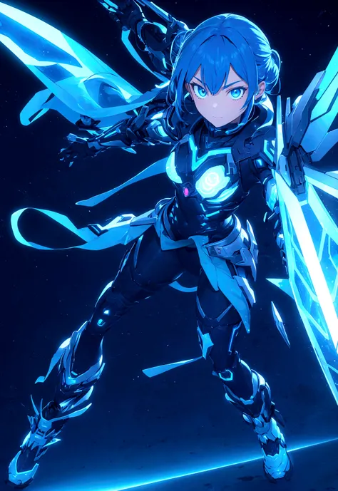 Aiko is a 16-year-old warrior in a cyberpunk world full of magic and technology. She has cyber-blue hair, long and slightly wavy, with strands that look like optical fibers. His eyes are an intense and bright blue, reflecting your connection to magic. The ...