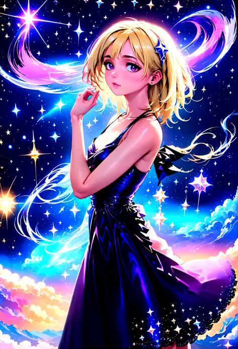 a portrait of an astrologer looking to the sky at libra constellation in the night sky, an extraordinary beautiful woman, there is magic in her eyes divining the future from the Libra constellation, blond hair, dynamic hair style, wearing an intricate dark...