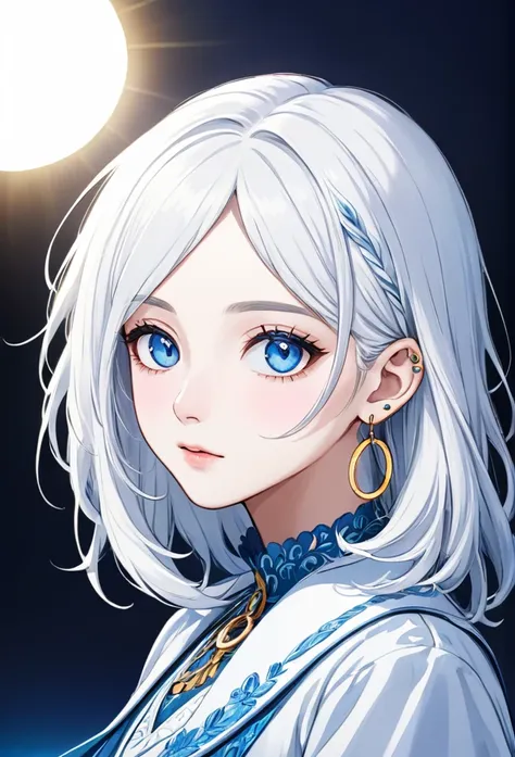 boy man with white hair somewhat long to the neck, with fringe up to the ear, big tender light blue eyes, delicate white skin wi...