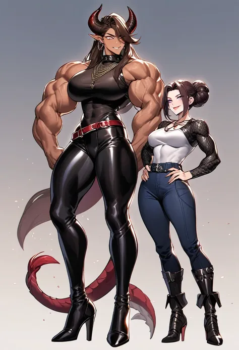 Tall woman, cheeky smile, brunette, hair gathered in a low bun, strands on the sides of face, red and black tight clothes, deep necklace, purple eyes, dragon tail and horns, belts, pants, light lipstick, high heels leather boots, strong arms