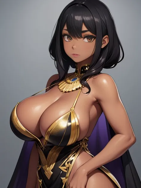 girl, With big breasts, exotic color dress, with gold detail, with dark ebony skin