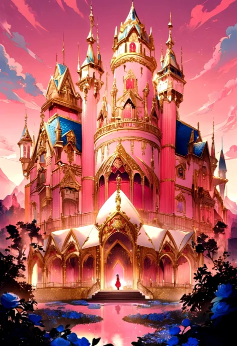 The castle of gold and diamond and with a blue garden and red lakes and flying castle and the pink sky 