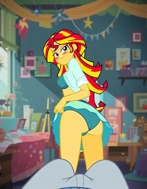 score_9, score_8_up, score_7_up, score_6_up, score_5_up, score_4_up, background sunset apartment, bedroom, sunset shimmer, equestria girls, cute, romantic, bedroom eyes, breasts, bra, female, sexy, bend over, looking back, looking at viewer, beautiful, pan...