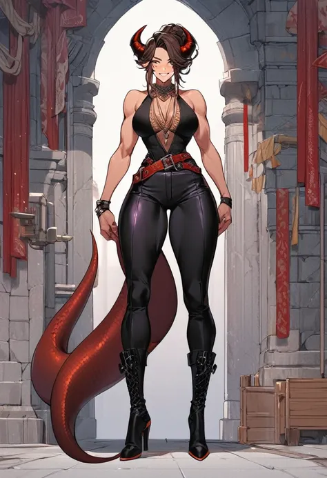 Tall woman, cheeky smile, brunette, hair gathered in a low bun, strands on the sides of face, red and black tight clothes, deep necklace, purple eyes, dragon tail and horns, belts, pants, light lipstick, high heels leather boots, strong medium physique