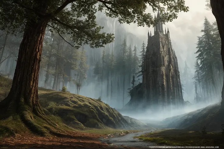 inspiré de Tolkien, À la manière de John Howe, detailed fantasy landscape, enchanted forests, majestic mountains, epic battles, dangerous dungeons, forteresse militaire cachée, cinematic lighting, dramatic atmosphere, hyper realistic, 8k, cinematic, award ...