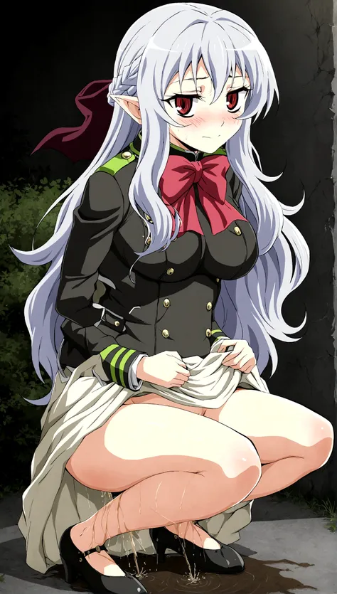 Anime. Owari no Seraph. 1 Girl. Expensive . A vampire. Clumsy. Progenitor. Silver hair. Wavy hair. Long hair. Red eyes. Beautiful eyes. Perfect eyes. Expressive eyes. Ideal face. Perfect body. Beautiful long ones. legs. Beautiful nose. 18 years. Big breast...