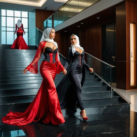 A woman secretary in the translucent red night gown, half naked, wear corset with bra expose, wear blazer,wearing satin hijab, full body,mermaid tight long gown, flowy dramatic long gown,very long flor length gown, tall women, in office lobby,walk down sta...