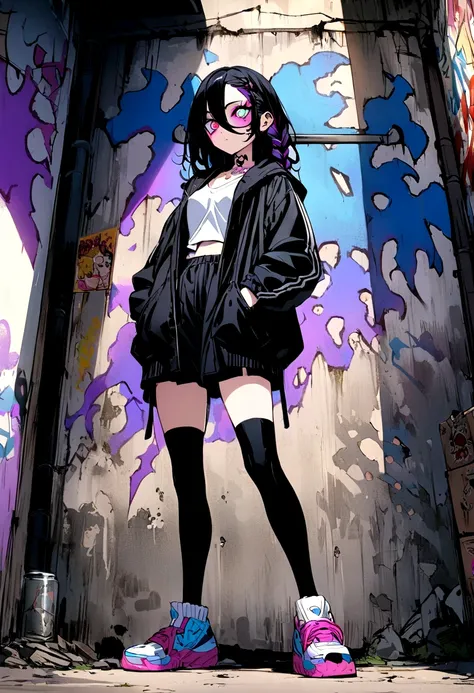 Step Piece, Best Quality, Best Illustration, Ultra-detailed,girl, pinkrose long hair, crazy baddie girl, Cool Black Open Short Jacket, neck tattoo, Messy Fade Cut Hair, Side braided hair,Crazy, standing with an eerie feeling, abandond street graffiti wall ...