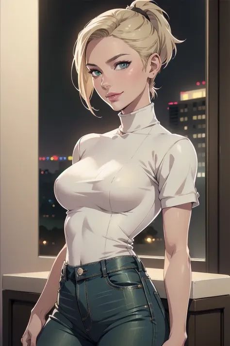 1 woman , Short Hair Hair,elongated square, blond hair, green eyes, pink lipsticks, Smile, Standing, sharp outline, short sleeves, Mature female, 35 years old, Best Quality, masutepiece,white jacket with a neck,Grey jeans, Foto hiperrealista en primer plan...