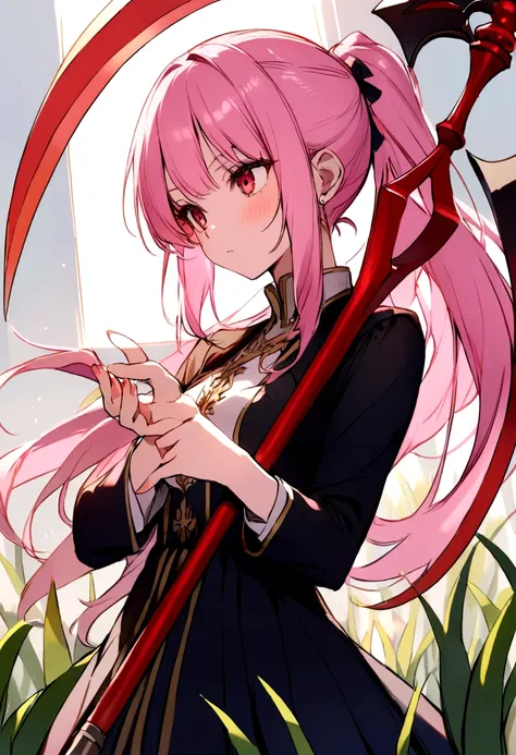 scythe、Grass-cutting sickle、Hold a sickle in each hand、Pink haired girl