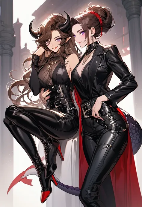 Tall woman, cheeky smile, brunette, hair gathered in a low bun, strands on the sides of face, red and black clothes with open chest, deep necklace, purple eyes, dragon tail and horns, belts, pants, light lipstick, high heels leather boots