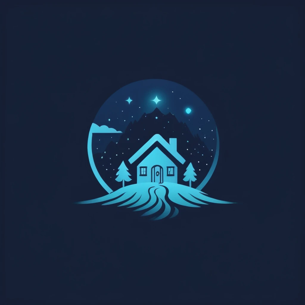 A logo with a family house full of magic, minimalist, Dark blue, light blue and turquoise.