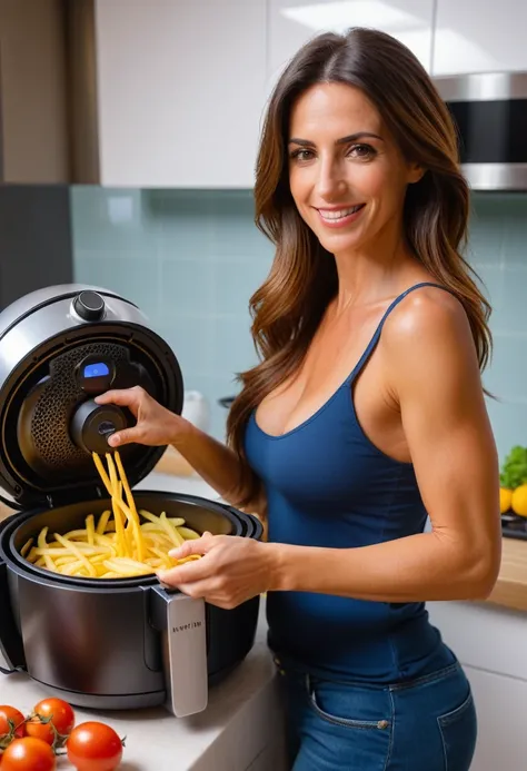 ((1 Spanish girl)), (Laia Manzanares) (35 years old), Ethereal beauty, beautiful eyes, flirtatious smileLong, slick hair, muscularly trained body, cooking in the kitchen with a hot air fryer, best quality, photorealestic, 8K, high resolution, Ultra-realist...