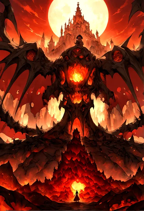 The devil&#39;s castle in the red and burning earth and the demons