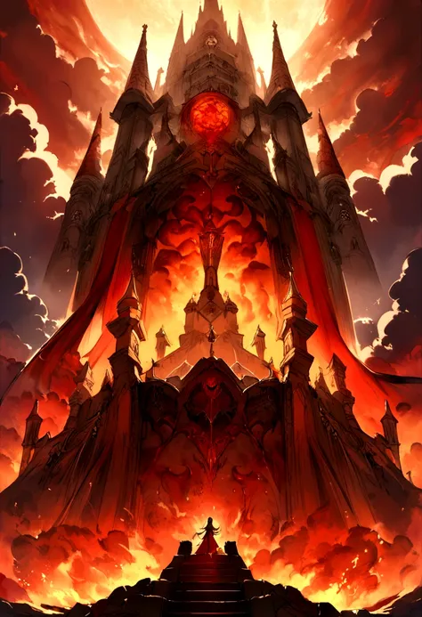 The devil&#39;s castle in the red and burning earth and the demons