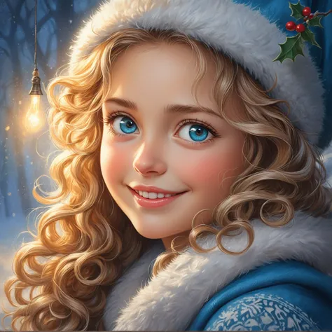 1 cute lithuanian lady, pleased, iced sparkling azure eyes, silk skin texture, skin grain, curly hair , christmas morning, cozy, warm lightThe artwork should be rendered in the style of "Breath of the Wild," featuring warm lighting and shadows. Include gra...