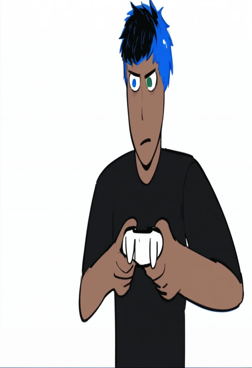 A black teenager with blue hair on the sides and black on top, eyes with light blue and dark blue heterochromia, wearing a black shirt, playing video game 