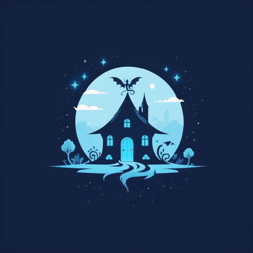 A logo with a family house full of magic, a fairy and a dragon, minimalist, Dark blue, light blue and turquoise.