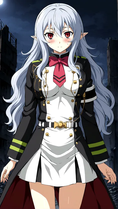 Anime. Owari no Seraph. 1 Girl. Expensive . A vampire. Clumsy. Progenitor. Silver hair. Wavy hair. Long hair. Red eyes. Beautiful eyes. Perfect eyes. Expressive eyes. Ideal face. Perfect body. Beautiful long ones. legs. Beautiful nose. 18 years. Big breast...