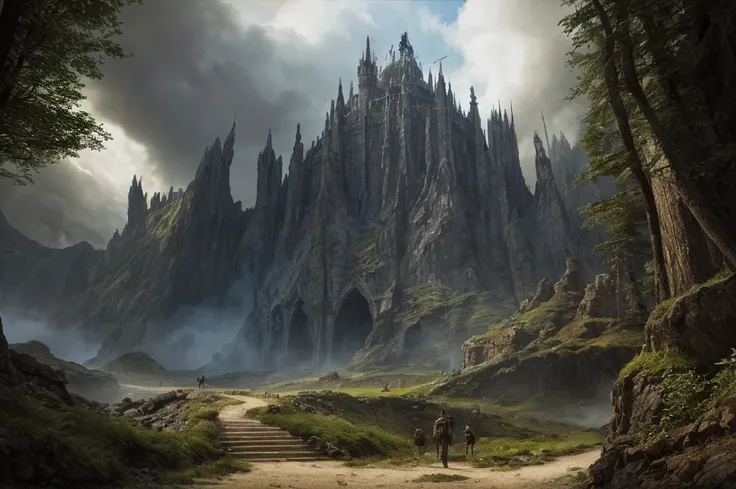 inspiré de Tolkien, À la manière de John Howe, detailed fantasy landscape, enchanted forests, majestic mountains, epic battles, dangerous dungeons, forteresse militaire cachée, cinematic lighting, dramatic atmosphere, hyper realistic, 8k, cinematic, award ...