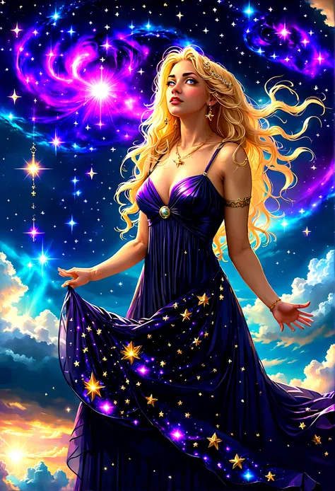 a portrait of an astrologer looking to the sky at libra constellation in the night sky, an extraordinary beautiful woman, there is magic in her eyes divining the future from the Libra constellation, blond hair, dynamic hair style, wearing an intricate dark...