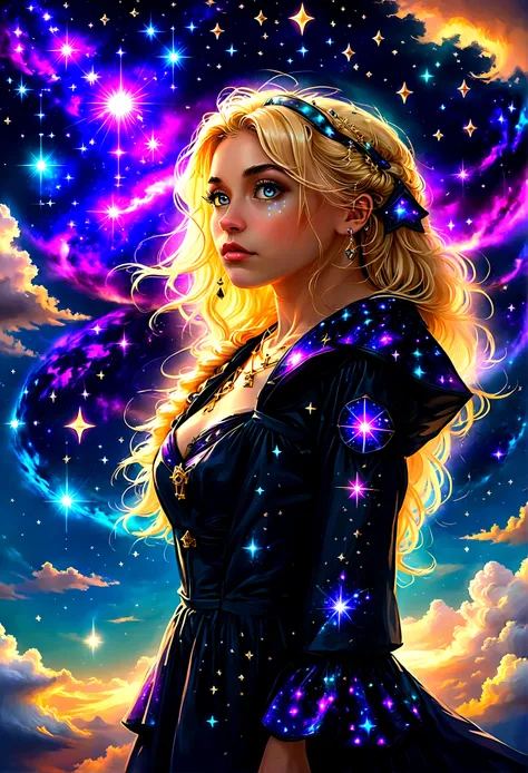 a portrait of an astrologer looking to the sky at libra constellation in the night sky, an extraordinary beautiful woman, there is magic in her eyes divining the future from the Libra constellation, blond hair, dynamic hair style, wearing an intricate dark...