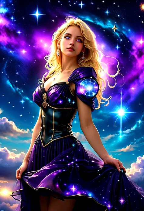 a portrait of an astrologer looking to the sky at libra constellation in the night sky, an extraordinary beautiful woman, there is magic in her eyes divining the future from the Libra constellation, blond hair, dynamic hair style, wearing an intricate dark...