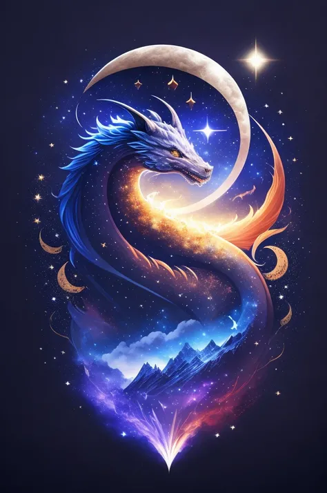 A t-shirt with Celestial Dragon, Starry sky, White background, t shirt design, rzminjornada, vectorial art