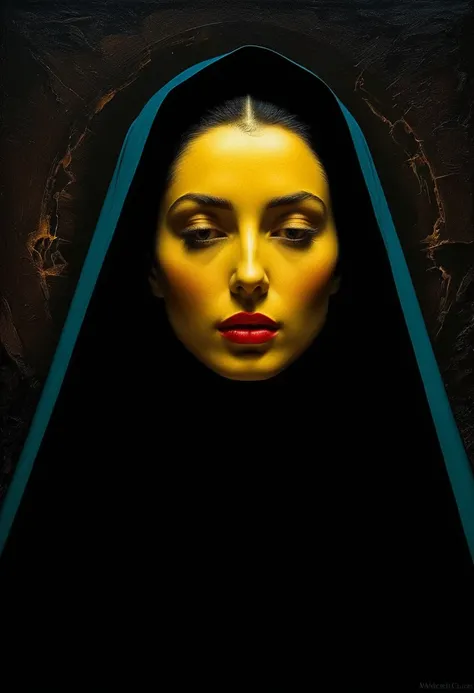 Iconic Lady in darkness sunny colors but extremely beautiful,masterpiece,religious, minimalist,mysterious hyperrealistic, Monochrome solid colors ,Gorgeous,sophisticated,by Michael Curtiz style,by caravaggio style,digital artwork by Beksinski