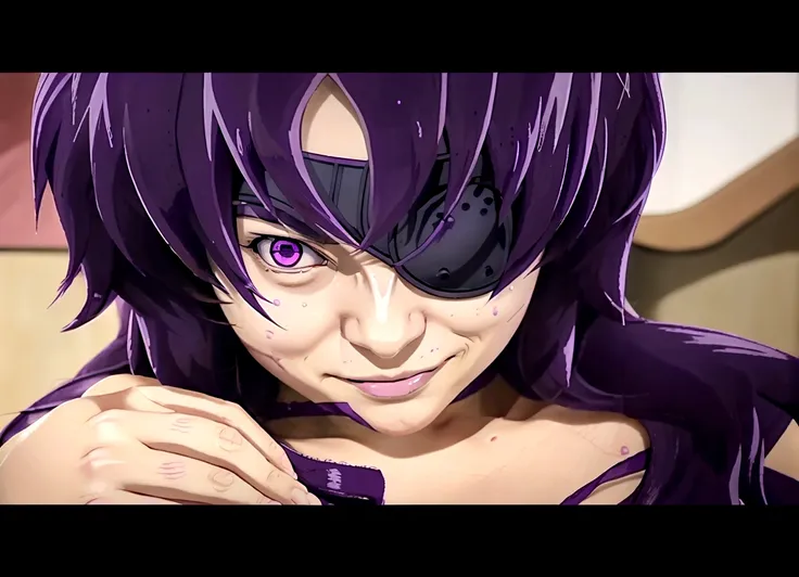 a woman with purple hair and purple eyes is staring at something, mirai nikki, smug smirk, cinematic | | very anime!!!, nefariou...