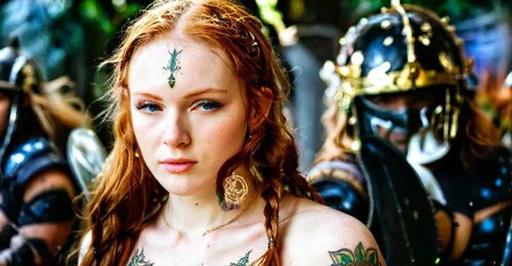 (best quality,highres,ultra-detailed), close-up, 19 year old long haired ginger woman, hair is tightly braided and kept under a ceremonial warriors helmet, tattooed, detailed facial tattoos, shirtless, muscular, fully tattooed body, magical ritual, magical...