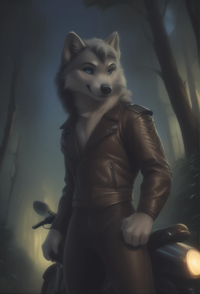 detailed illustration, dynamic angle, ultra-detailed, illustration, 1boy, leather jacked, wolf, silver wolfkin, blue eyes, stand...