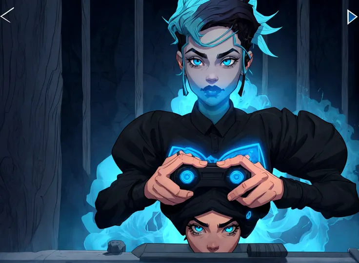 A black teenager with blue hair on the sides and black on top, eyes with light blue and dark blue heterochromia, wearing a black shirt, playing video game 