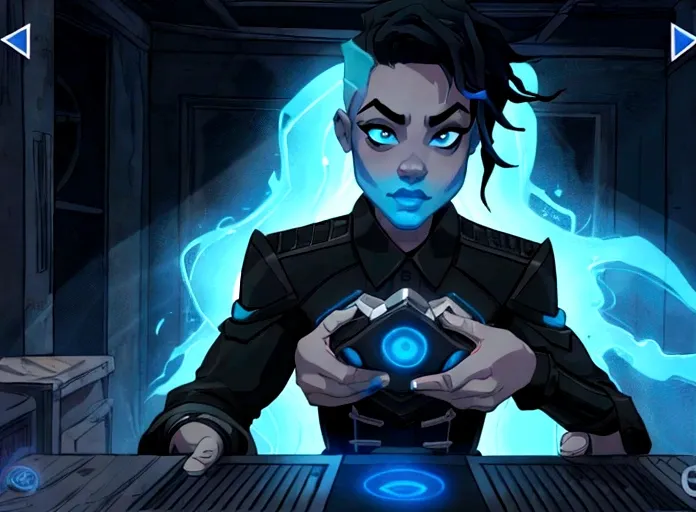 A black teenager with blue hair on the sides and black on top, eyes with light blue and dark blue heterochromia, wearing a black shirt, playing video game 