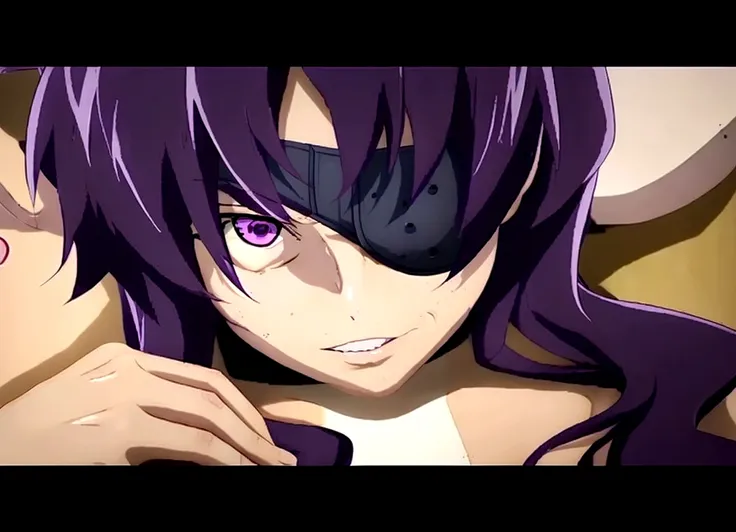 a woman with purple hair and purple eyes is staring at something, mirai nikki, smug smirk, cinematic | | very anime!!!, nefariou...