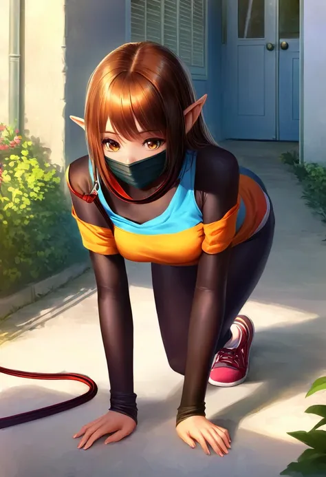 (high-res, realistic),Sexy elf woman, sexy human man in a leather mask, elf  in sports bra and bootie gym shorts and sneakers, outside, in a residential neighborhood, full body, natural lighting, sunlight casting soft shadows on her body, vibrant and vivid...