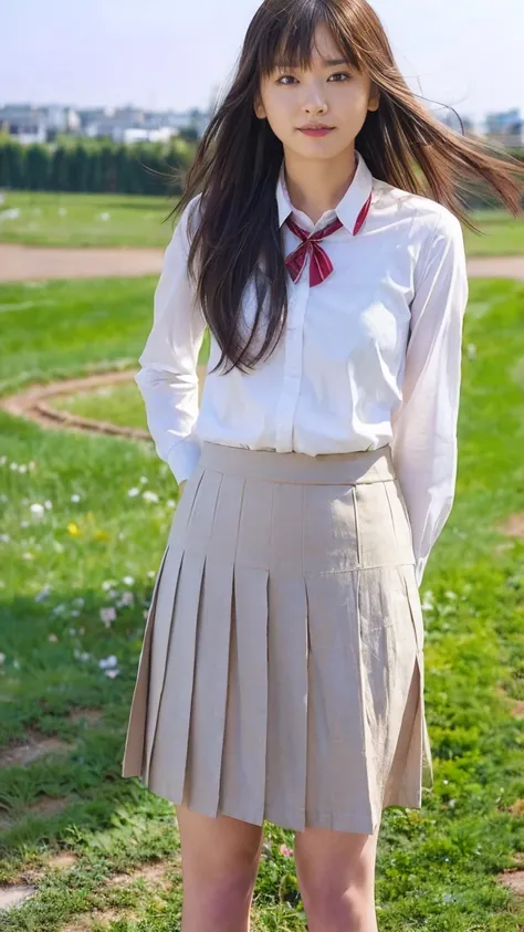 ((((detailed explanation)))),(((masterpiece、Highest quality、Very detailed:1.42、Focus on the eyes)))、Japanese high school girl posing in the schoolyard in the evening。She is wearing a white shirt and a navy blue pleated skirt.、wearing a red ribbon tie。The s...