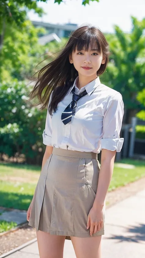 ((((detailed explanation)))),(((masterpiece、Highest quality、Very detailed:1.42、Focus on the eyes)))、Japanese high school girl posing in the schoolyard in the evening。She is wearing a white shirt and a navy blue pleated skirt.、wearing a red ribbon tie。The s...