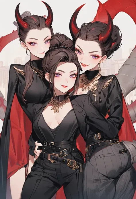 tall woman, cheeky smile, brunette, hair pulled back into a low bun, red and black clothes with open chest, deep necklace, purple eyes, dragon tail and horns, belts, trousers, light lipstick,