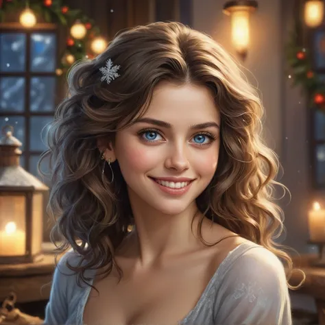 1 cute lithuanian lady, pleased, iced sparkling azure eyes, silk skin texture, skin grain, curly hair , christmas morning, cozy, warm lightThe artwork should be rendered in the style of "Breath of the Wild," featuring warm lighting and shadows. Include gra...