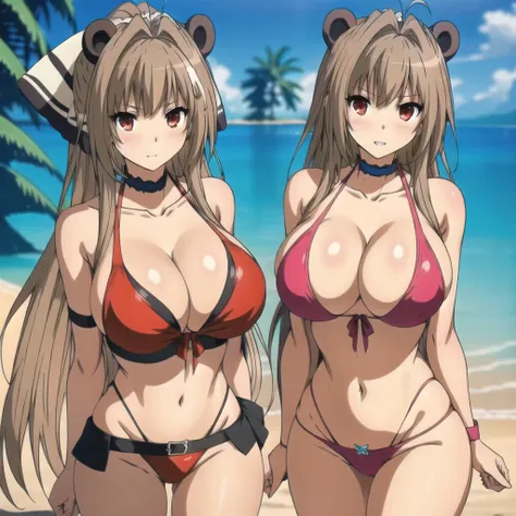 1 single girl, raphtalia. attractive woman. bear ears, bright blonde hair, red eyes like rubies, playful smile showing teeth, showing off his chest, pale skin, big breasts, pink bikini with jaguar design. sexy, background a beach. mischievous look. drops o...