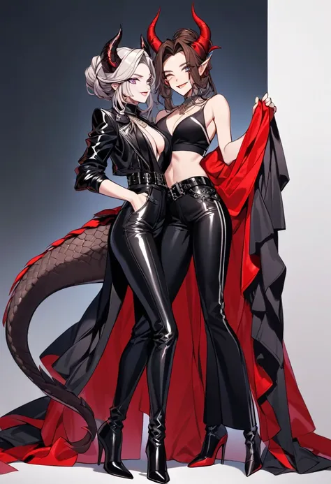 Tall woman, cheeky smile, brunette, hair gathered in a low bun, strands on the sides of face, red and black clothes with open chest, deep necklace, purple eyes, dragon tail and horns, belts, pants, light lipstick, high heels leather boots