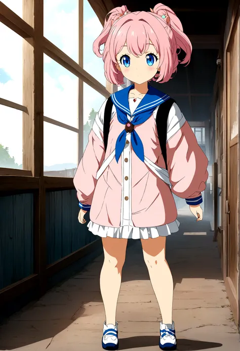 anime girl with pink hair and blue eyes wearing a pink backpack, standing, raised, fully body, anime stylingd digital art, anime styling, anime digital illustration, digital anime art, anime styling 4 k, detailed anime digital art, clean detailed anime sty...