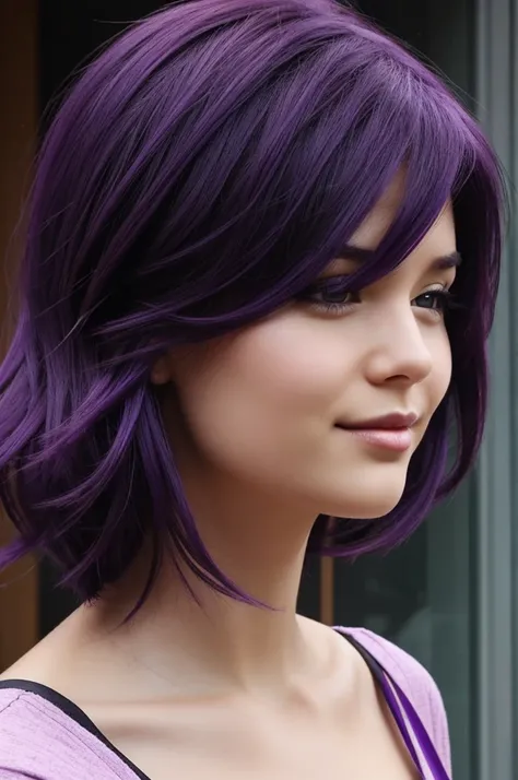 create a photo of a girl, animated minds to see, with dark purple hair,