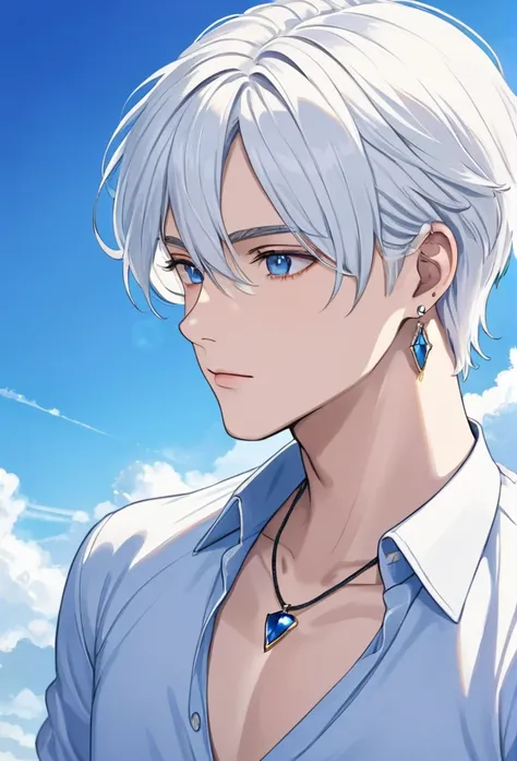 masculine guy with white hair up to his neck, tender eyes blue as the sky, white and delicate skin, long earrings