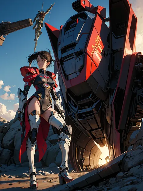 A female general riding a mecha、1 female、Kick in the neck、Wearing a full swimsuit、Kick your chest high in the air behind you、Kick in the side。