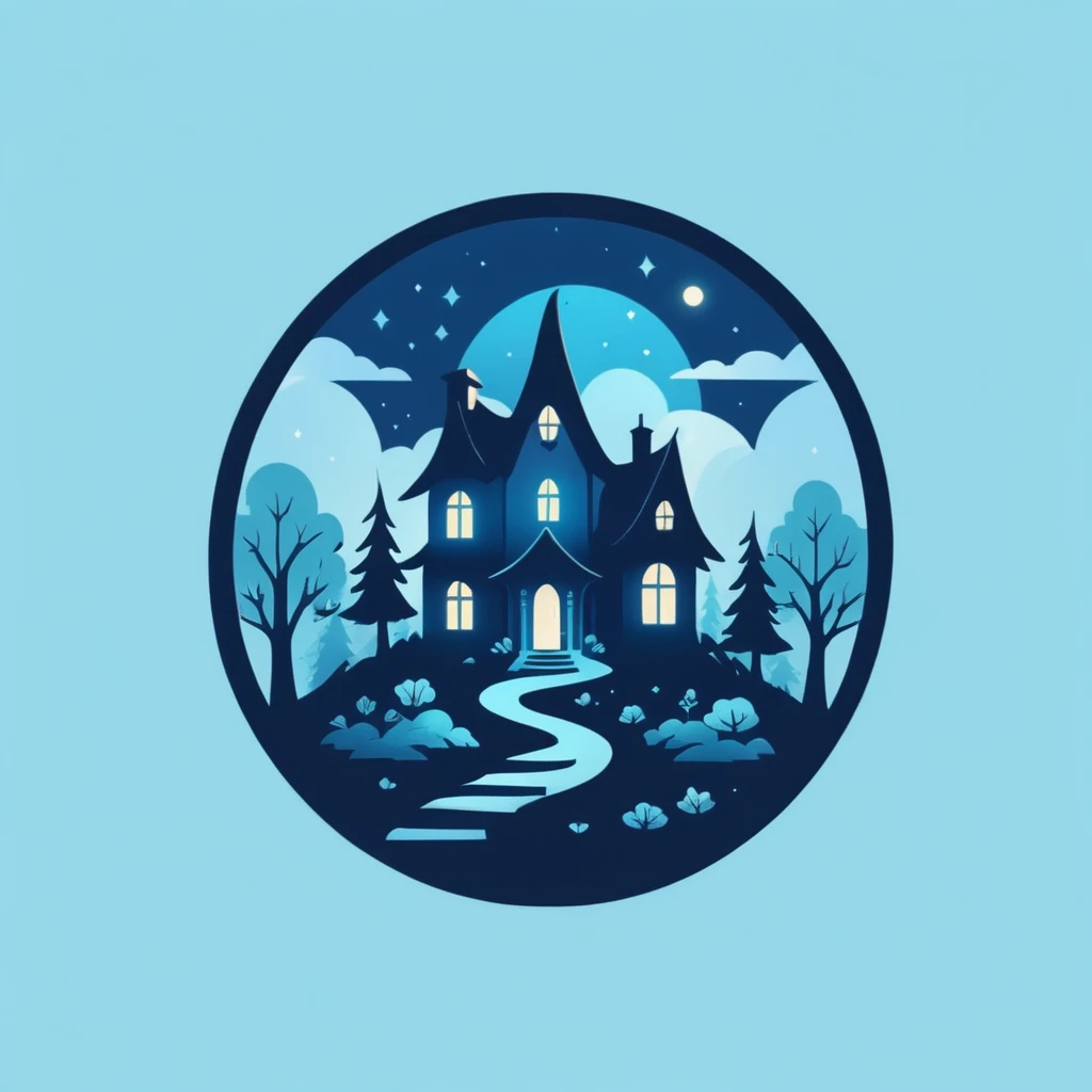 A logo with a family house full of magic, In an enchanted forest, minimalist, Dark blue, light blue and turquoise.