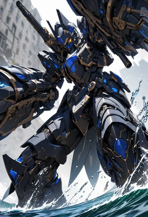 an extremely detailed 4k black & blue simple armor holding 2 revolver pistols that are powered by water